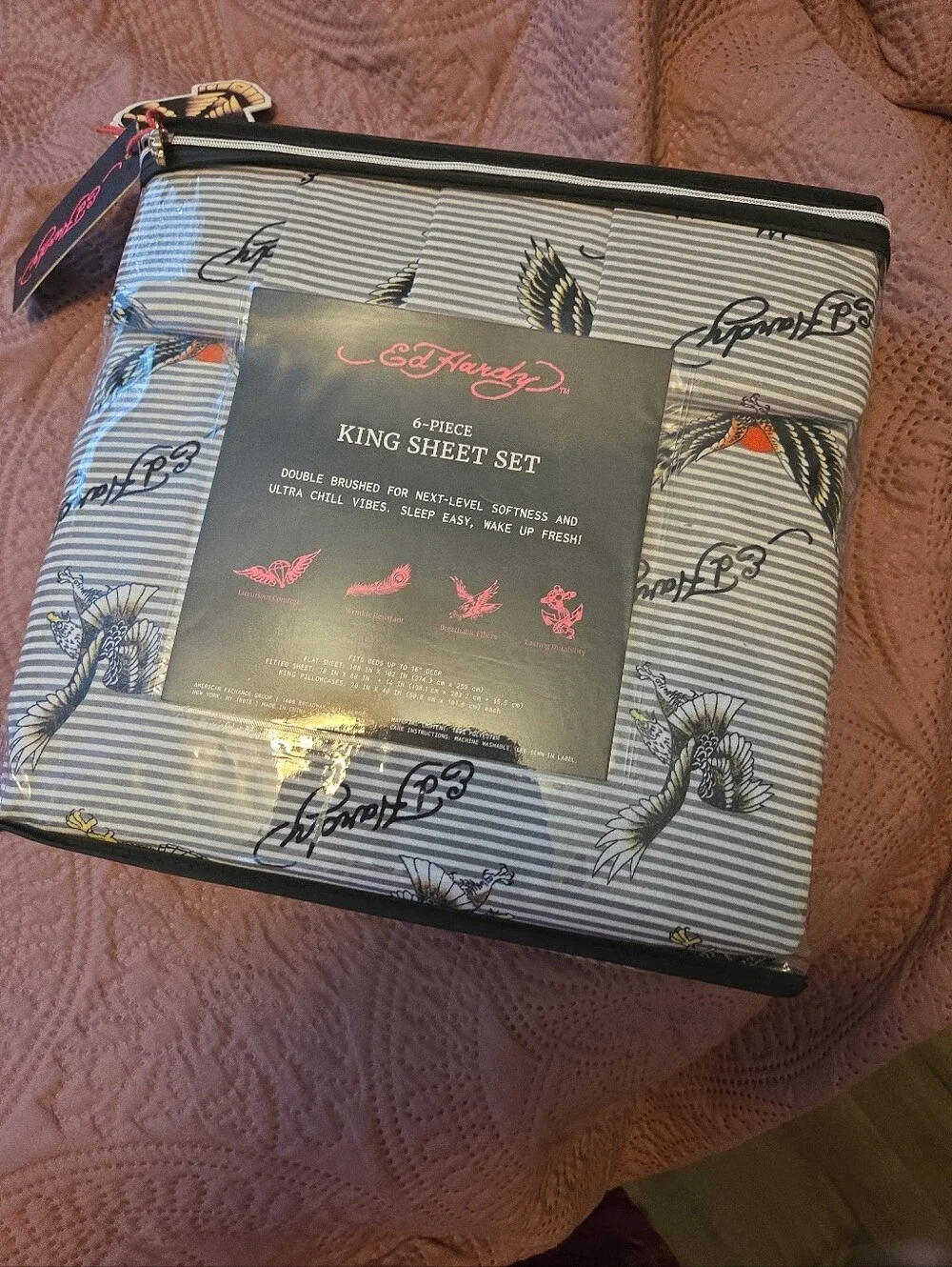Ed Hardy King Sheet Set - White, Black and Red Striped with Tiger & Eagle Motifs